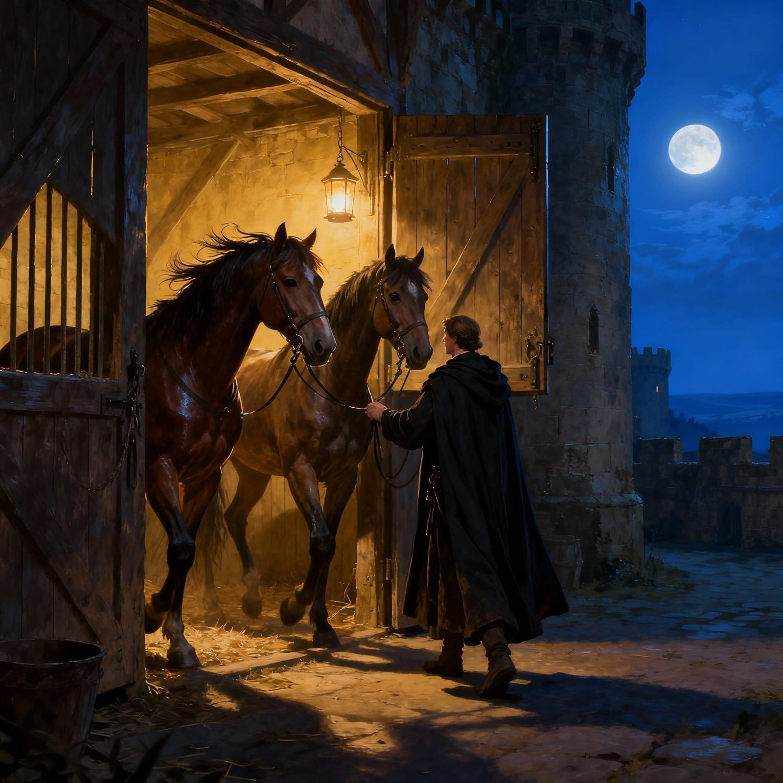 Servant Takes Horses From Castle Stables at Night