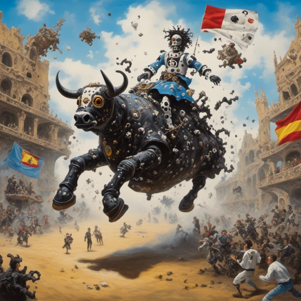 Robot Matador Fleeing Mechanical Bull in Arena