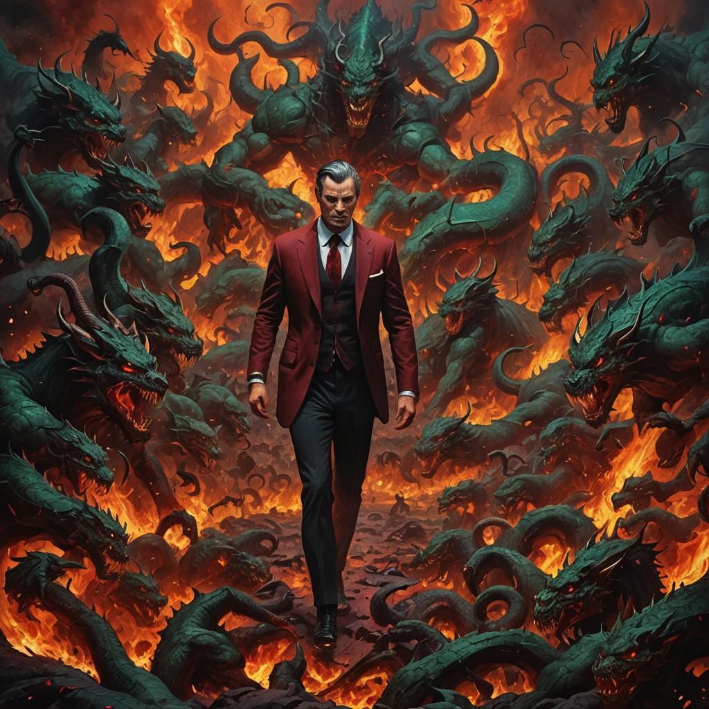 Victorious Man in Suit Amidst Demons in Hell