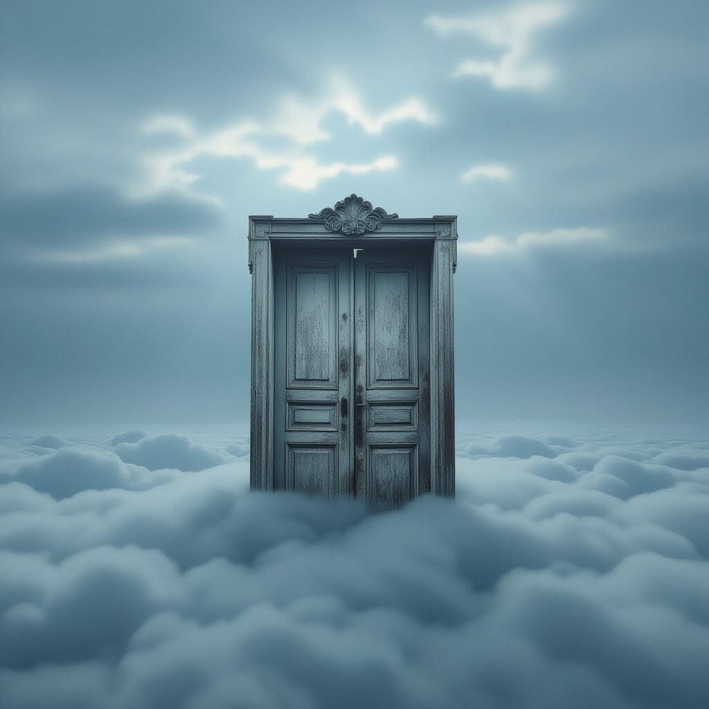 Surreal Door Floating in Cloudy Sky