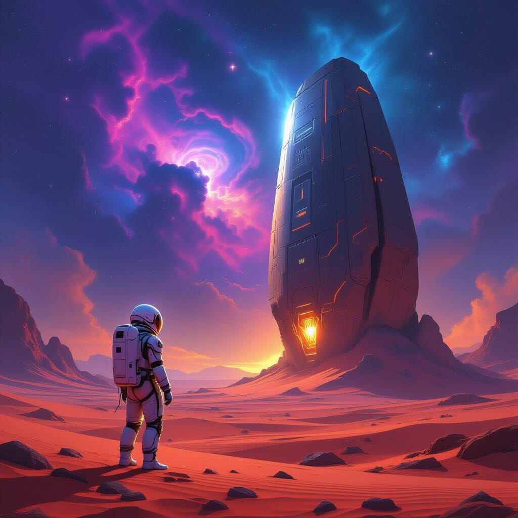 Astronaut Discovers Glowing Alien Artifact on Crimson Planet