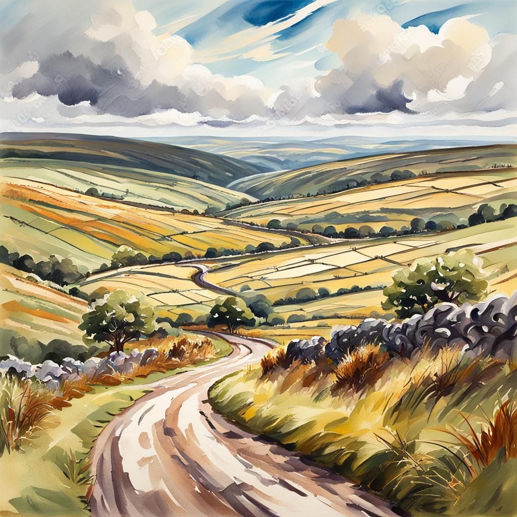 North Yorkshire Moors Landscape in Gouache Style