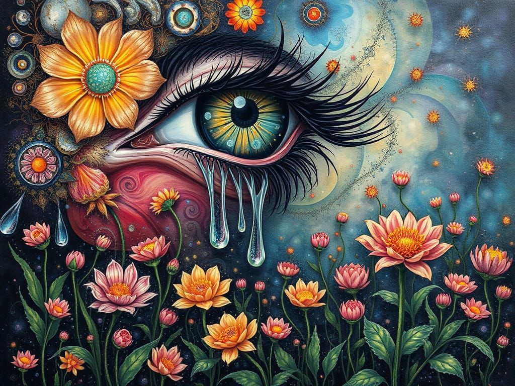 Ethereal Tears Nourish Vibrant Blooms in Surreal Landscape