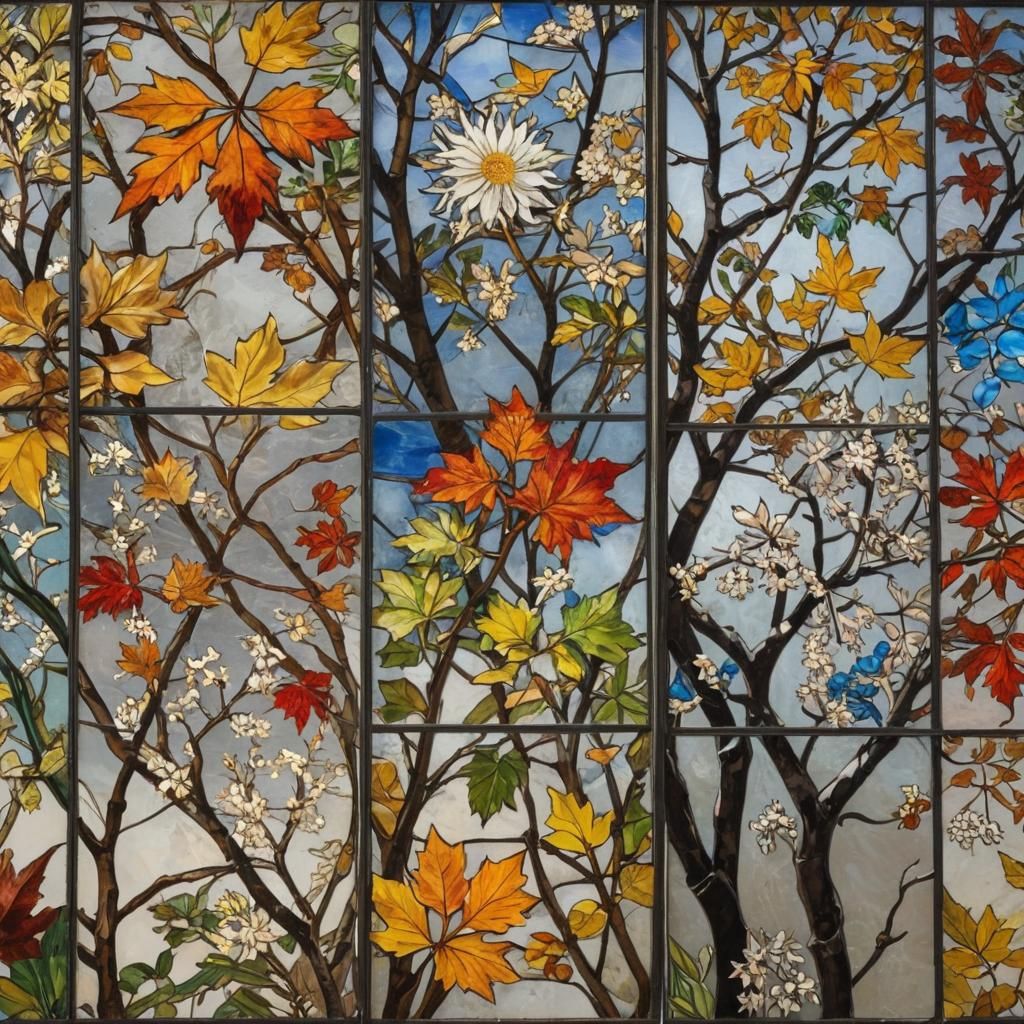 Art by Édouard Manet, four stained glass panels, depicting different seasons, spring flowers, summer sun rays, autumn le...