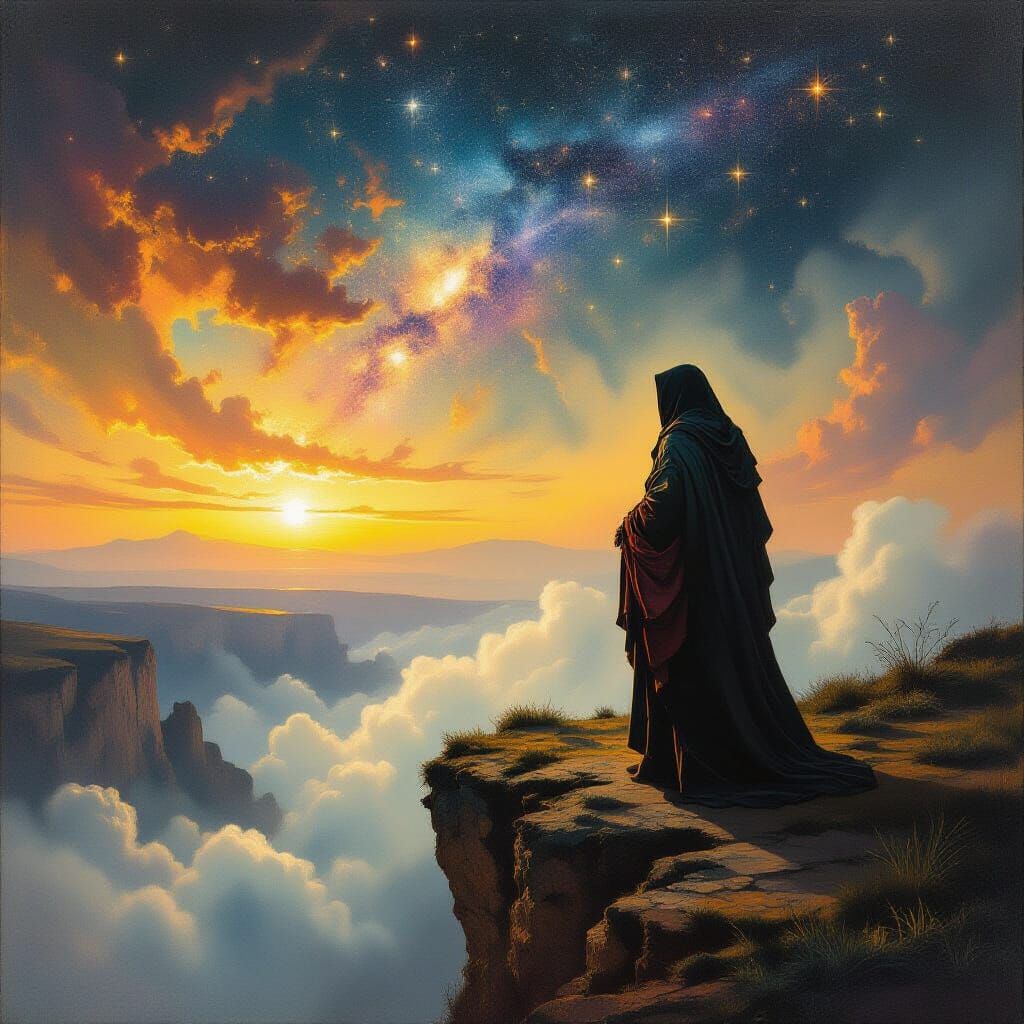 Figure at Misty Cliff in Baroque Astral Colors