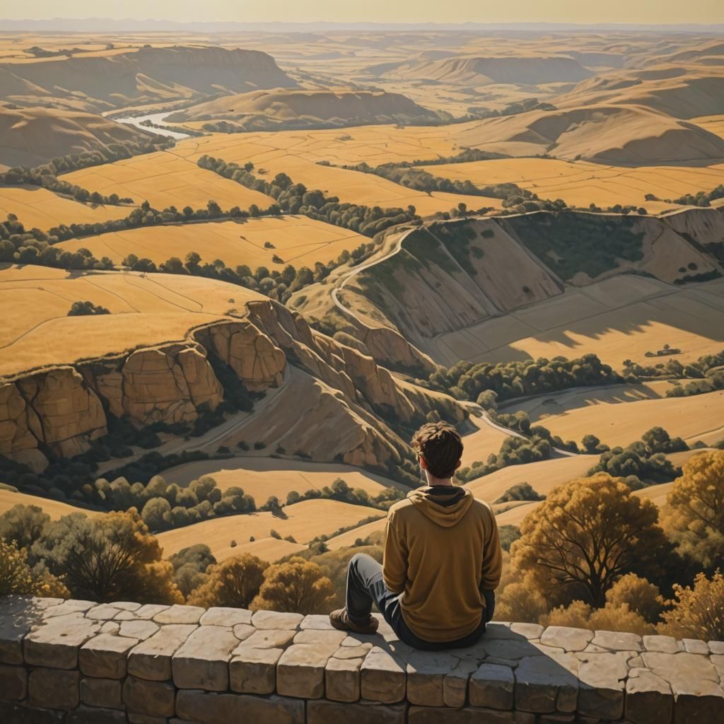 Man Overlooking Golden Landscape in Photorealistic Style