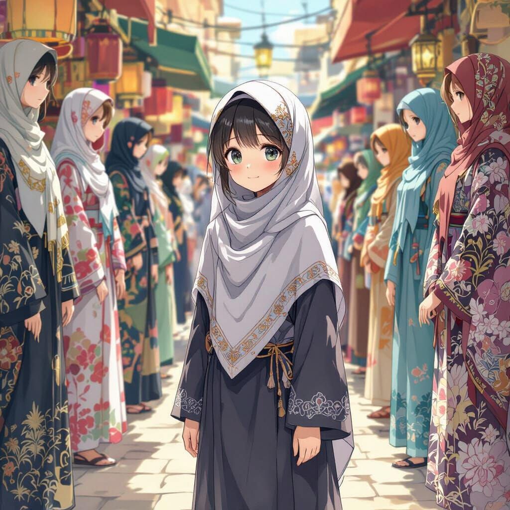 Anime-Style Abayas and Niqab in Bustling Market