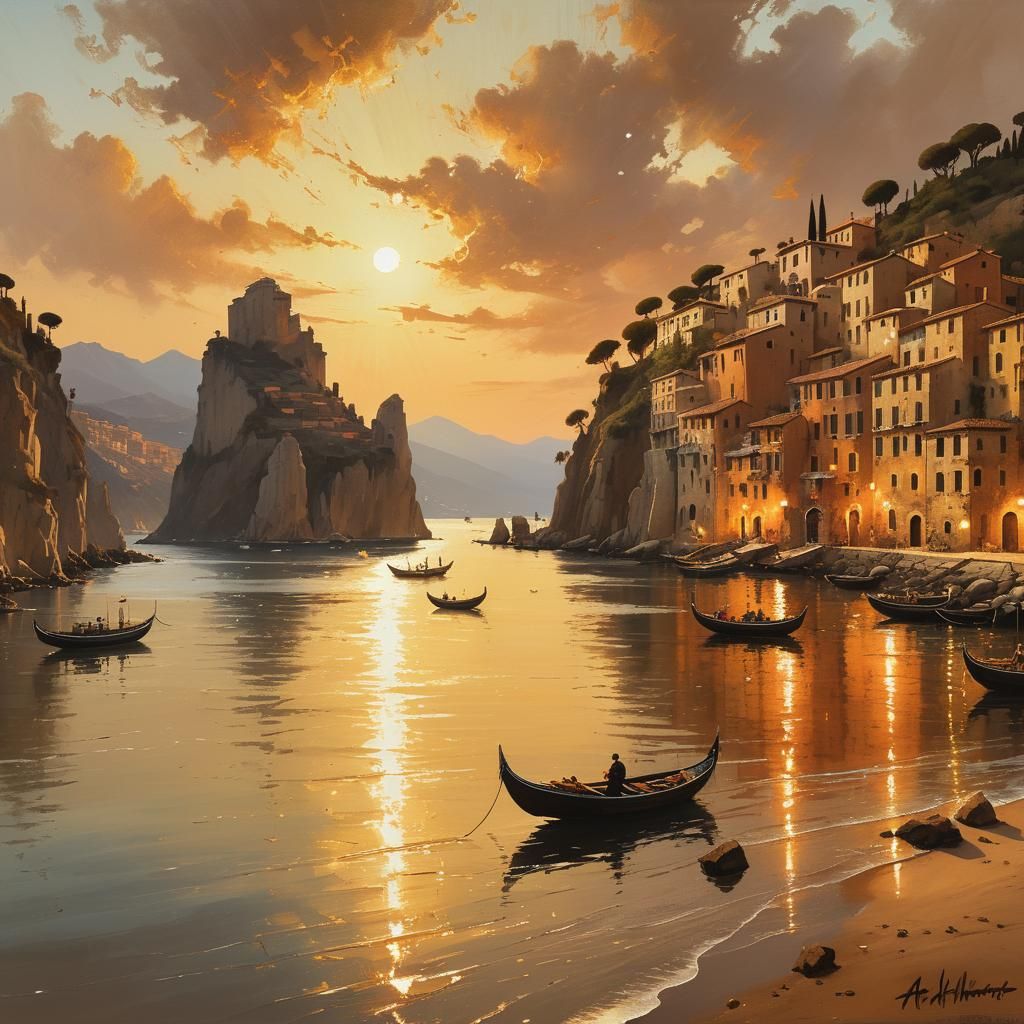 Italian Bay Sunset: Impasto Painting in Sepia Tones