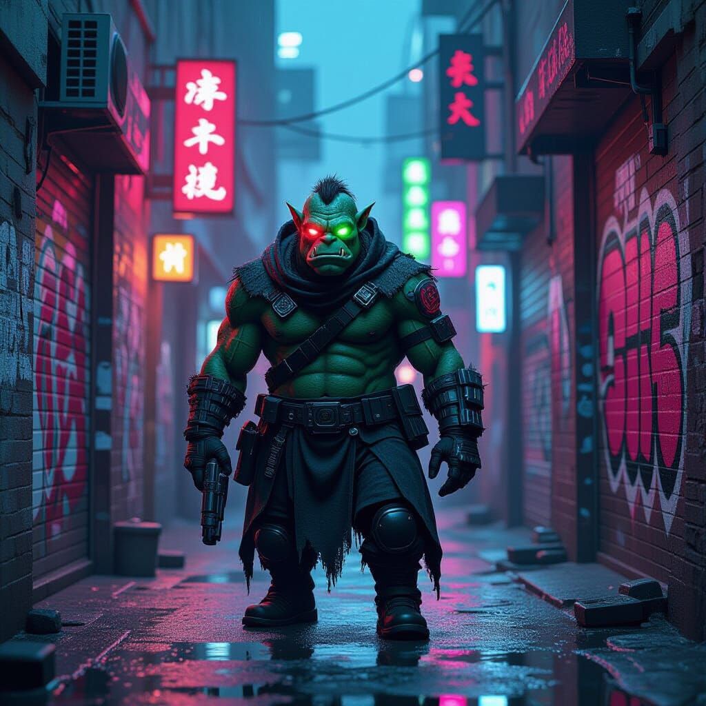 Cybernetic Ogre Bounty Hunter in Neon Alleyway