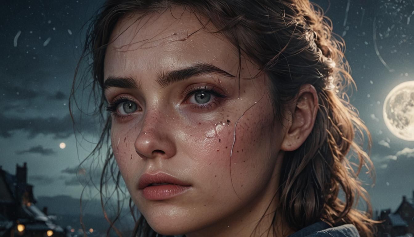Sad Girl Crying in Moonlight: Hyperrealistic Matte Painting