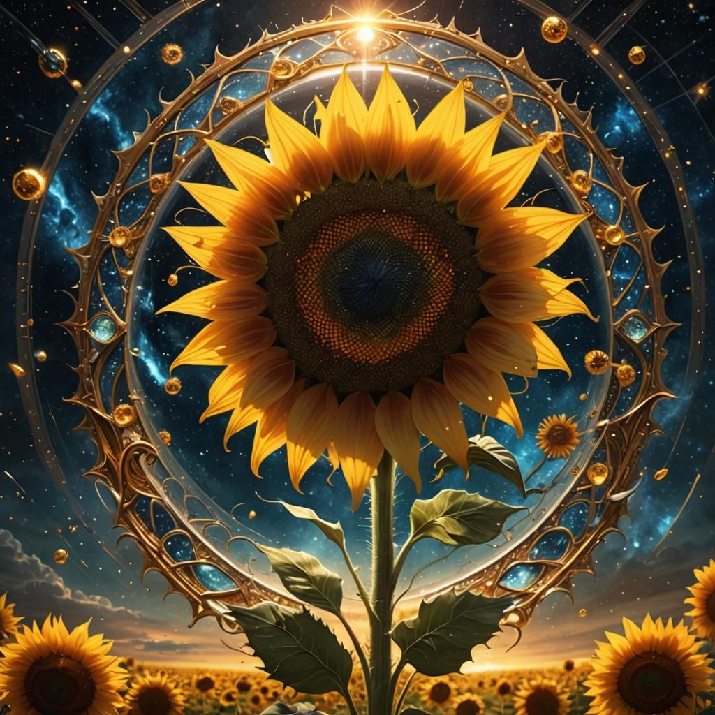 Sunflower in Cosmic Glass Shield: Digital Painting