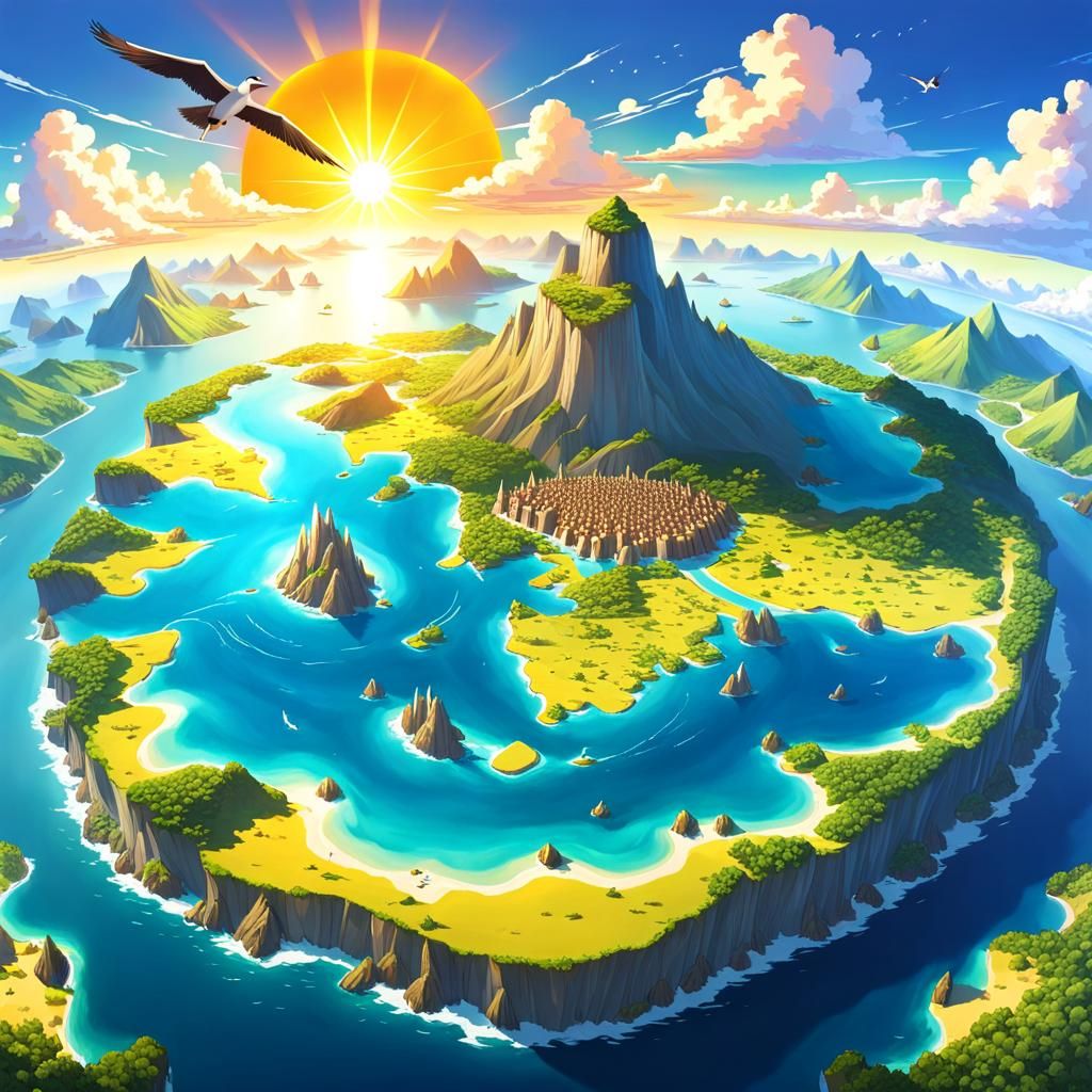 Anime Fantasy World Map with Sunlit Bay