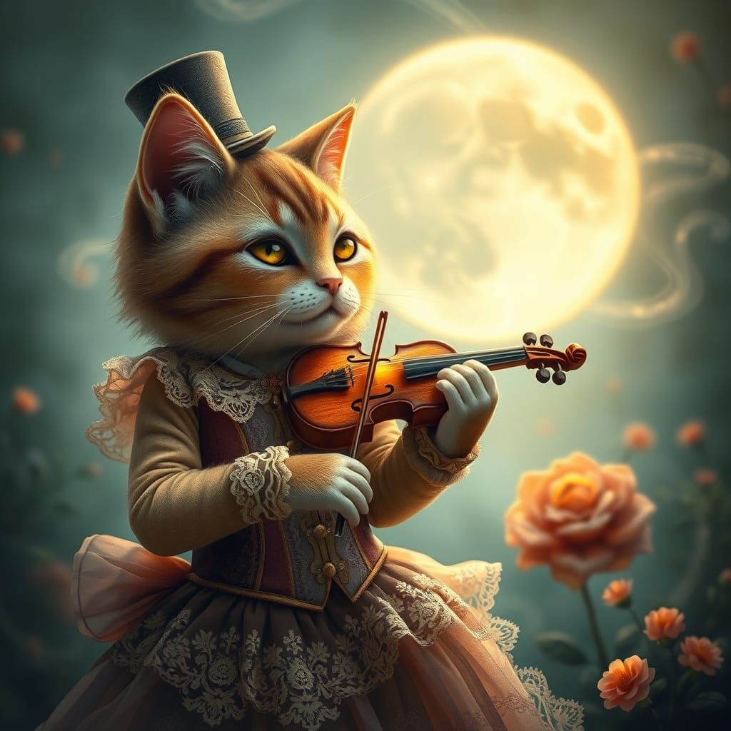 Whimsical Cat Plays Violin in Moonlit Garden