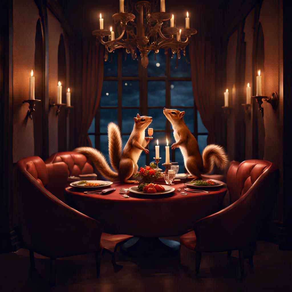 Squirrels' Romantic Candlelit Dinner: Fantasy Concept Art