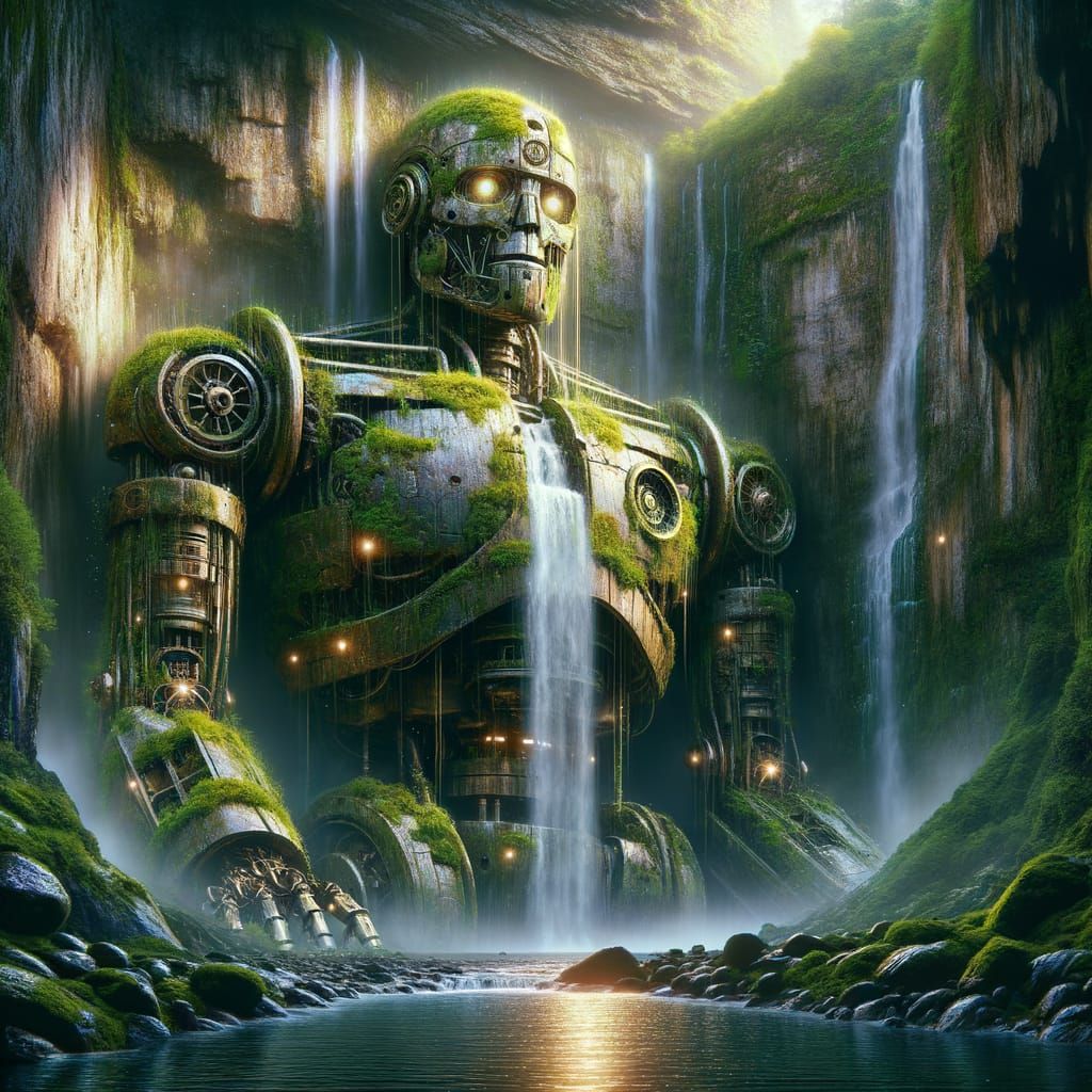 Ancient Moss-Covered Automaton Sleeps in Enchanted Cavern