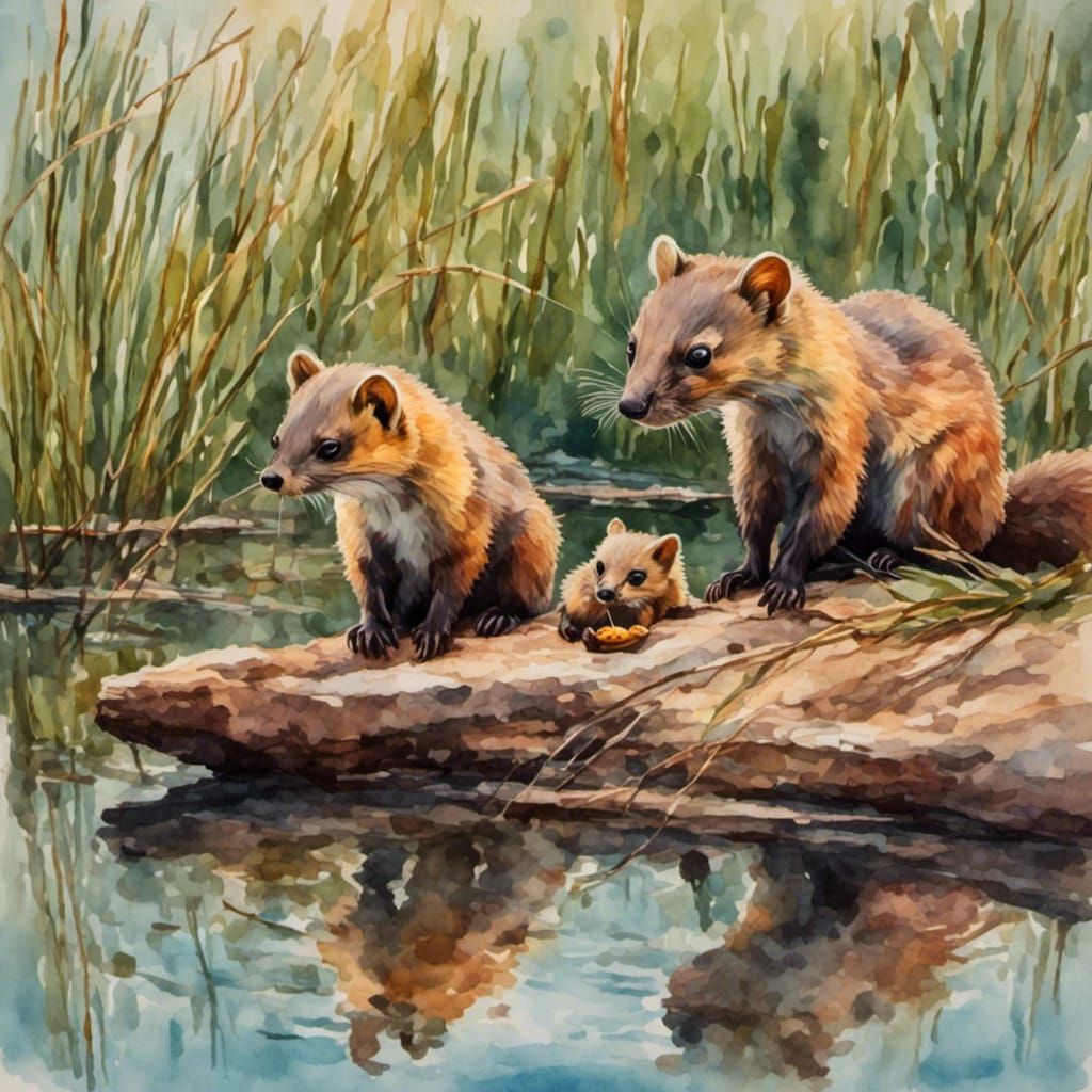 Pine Marten Family Feast by the Lake