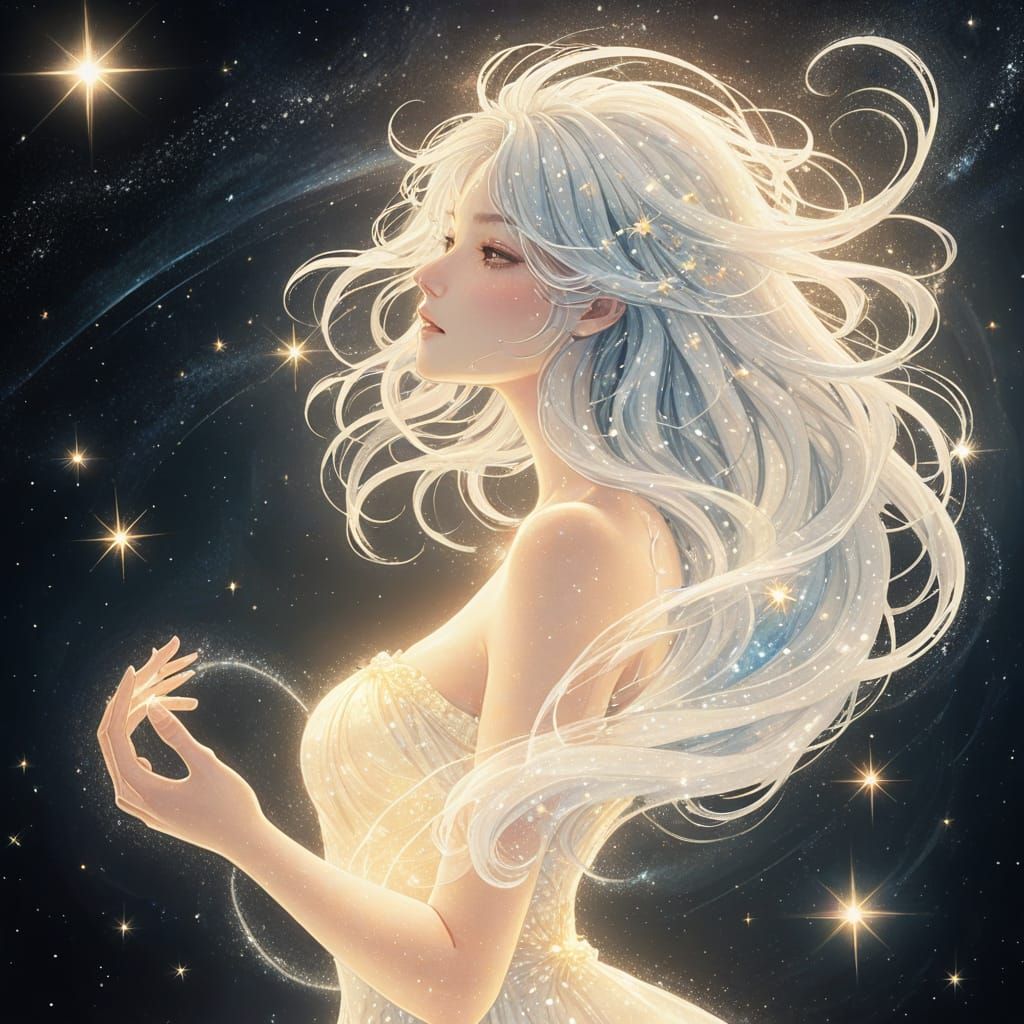 Ethereal Stardust Woman in Space, Anime Style
