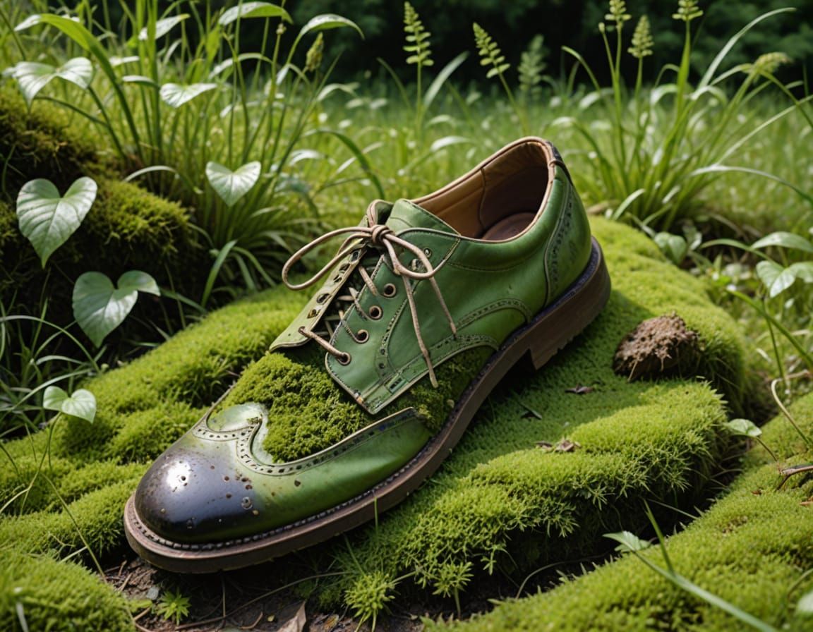 Abandoned Shoe Overgrown in Lush Greenery