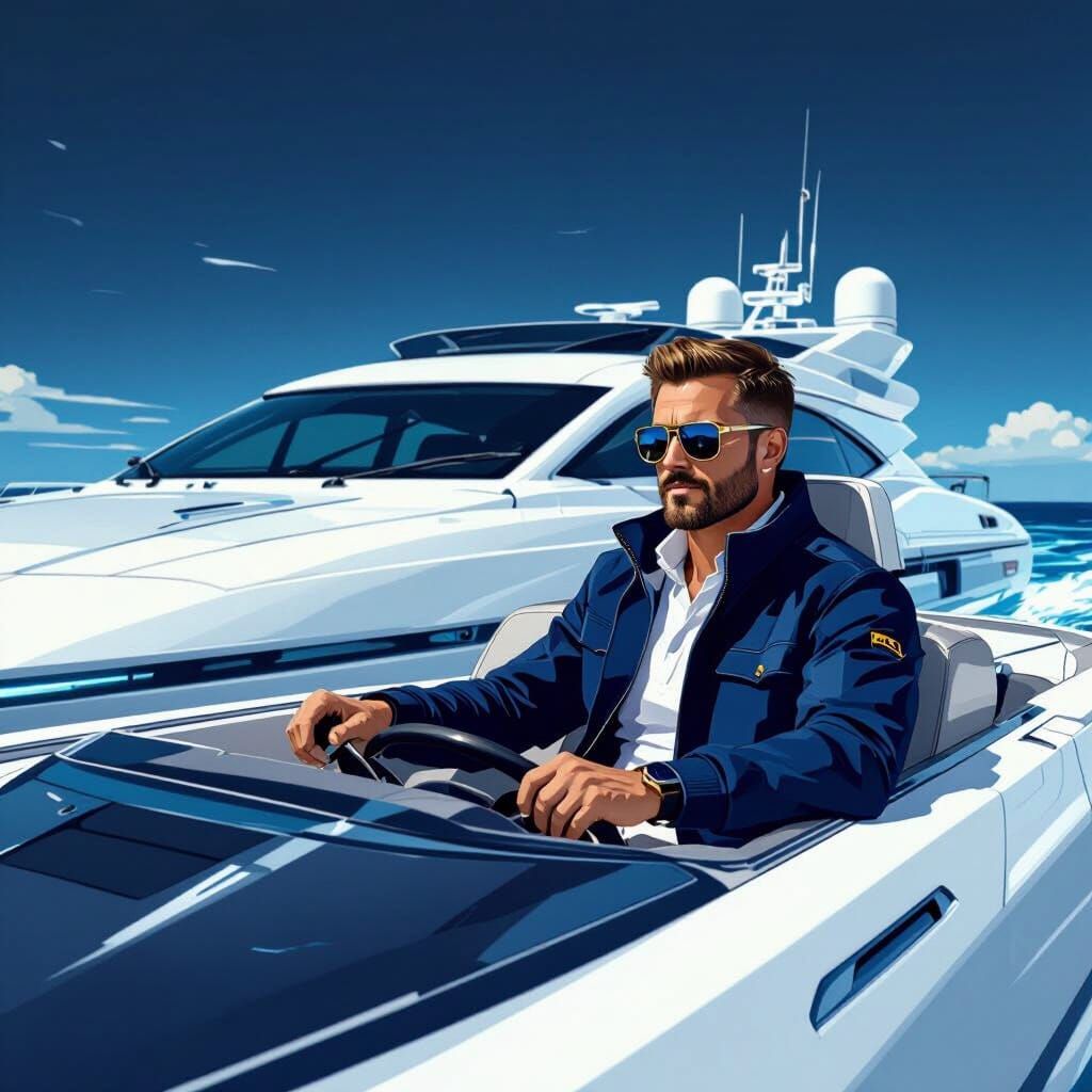 Man Drives Futuristic Yacht in Syd Mead Style