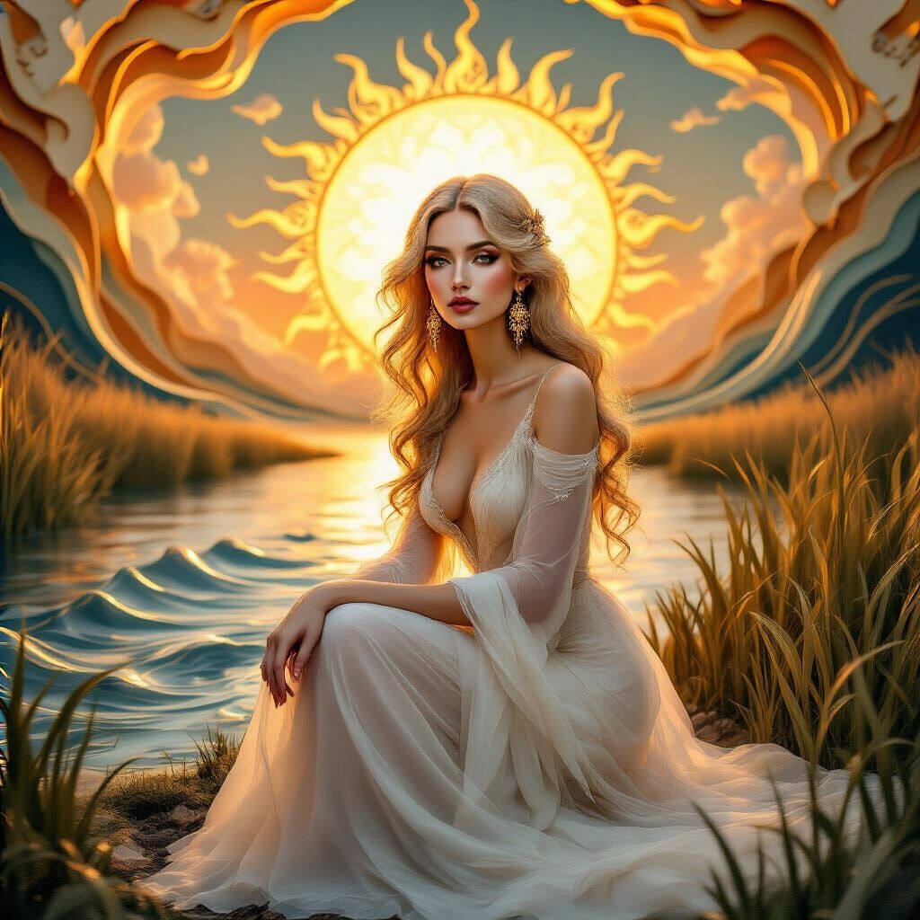 Ethereal Woman by Waterside in Layered Paper Art Style