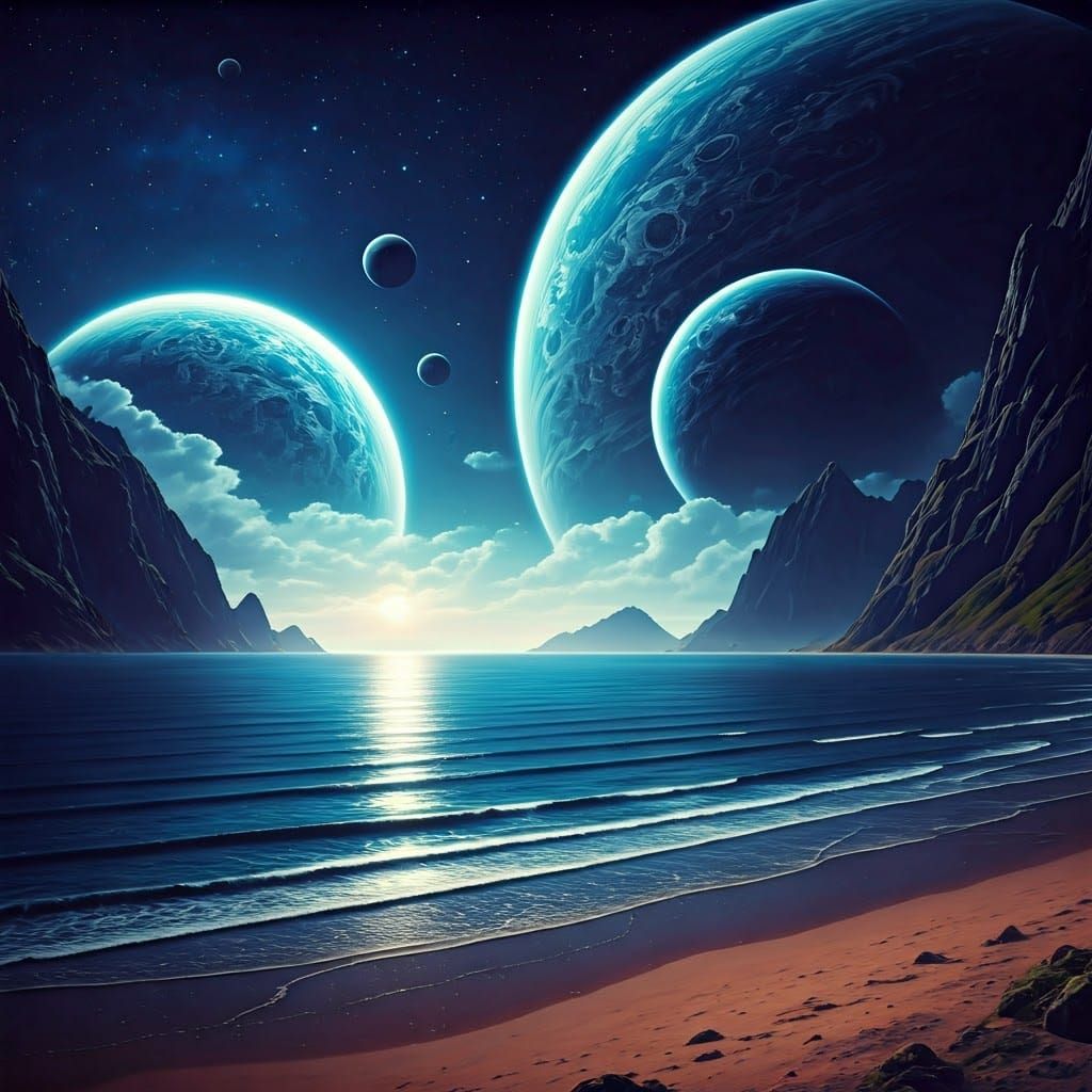 Mystical Beach Among Celestial Bodies as Digital Art