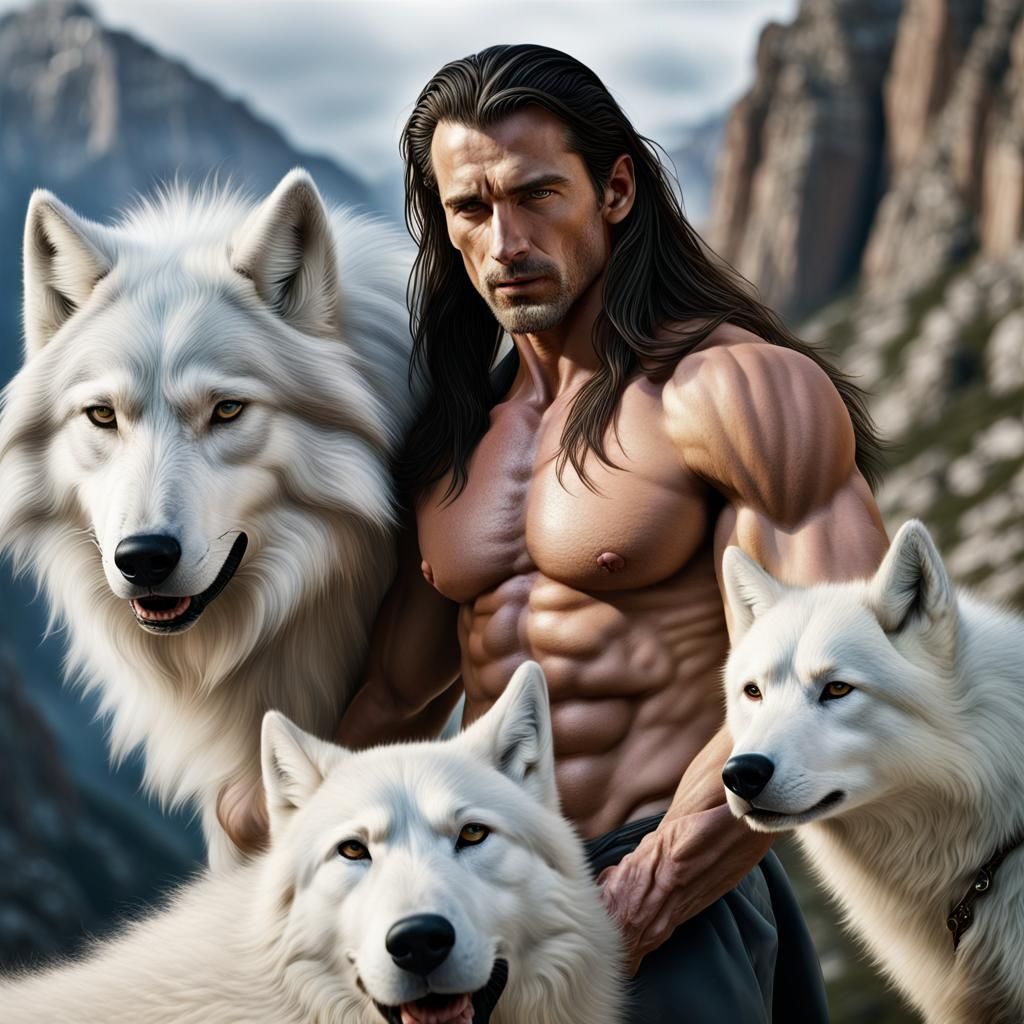 Hyperrealistic Man and Wolf Portrait