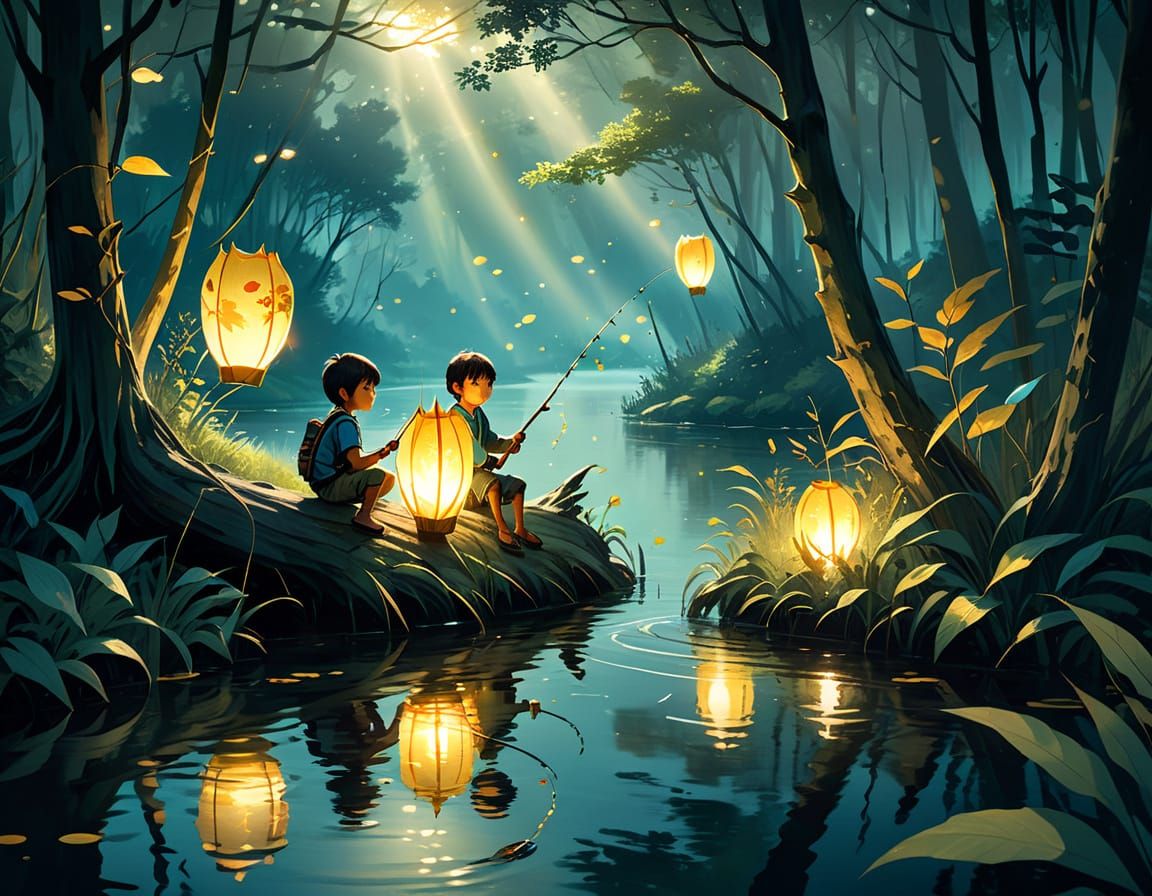 Fantasy Forest Scene with Glowing Fireflies and Whimsical Cr...