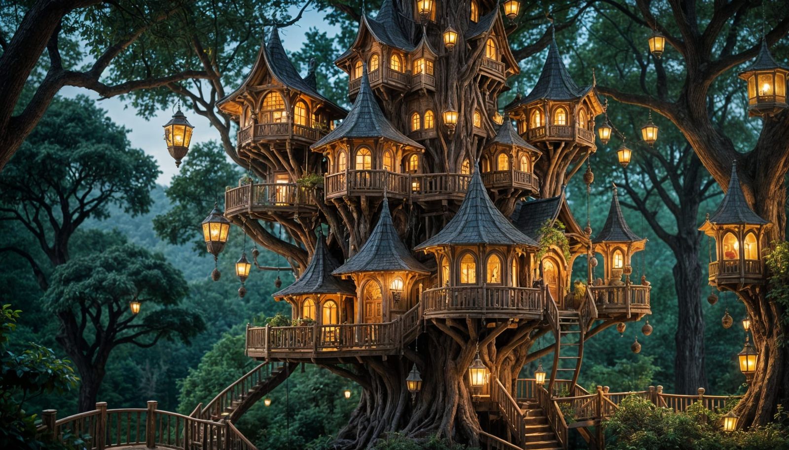 Elaborate Elven Treehouse in Forest at Night