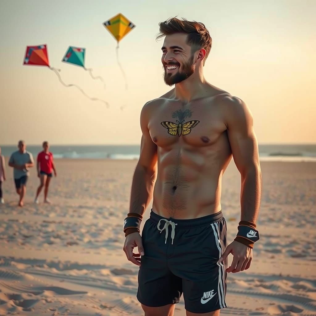 Dawn Beach Scene: Muscular Man and Kite Flyers