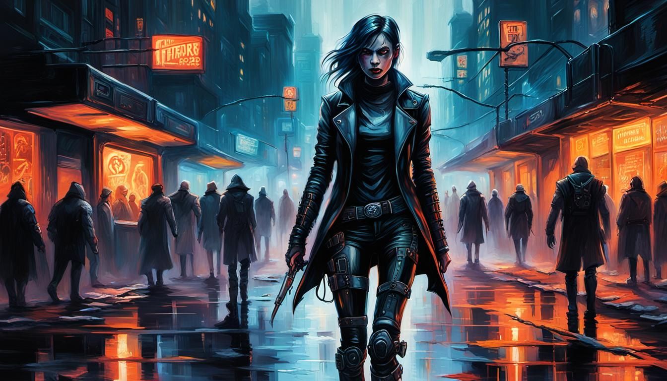 Dark Aesthetic Cyberpunk Oil Painting of a Woman Hunting Vam...