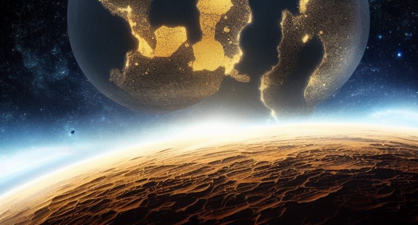 Golden Crumbling Earth in Post-Apocalyptic Space