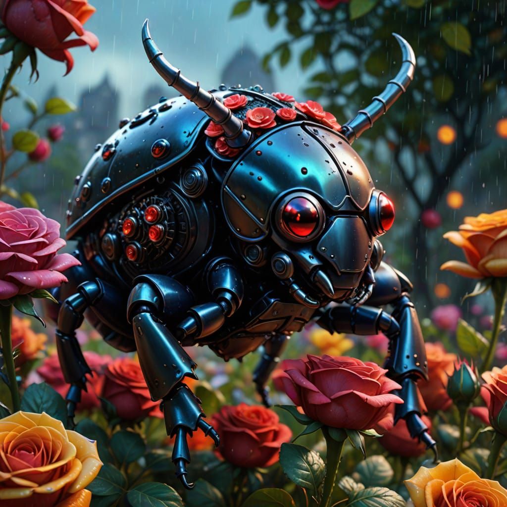 Glowing Metal Beetle Robot on Rainy Roses