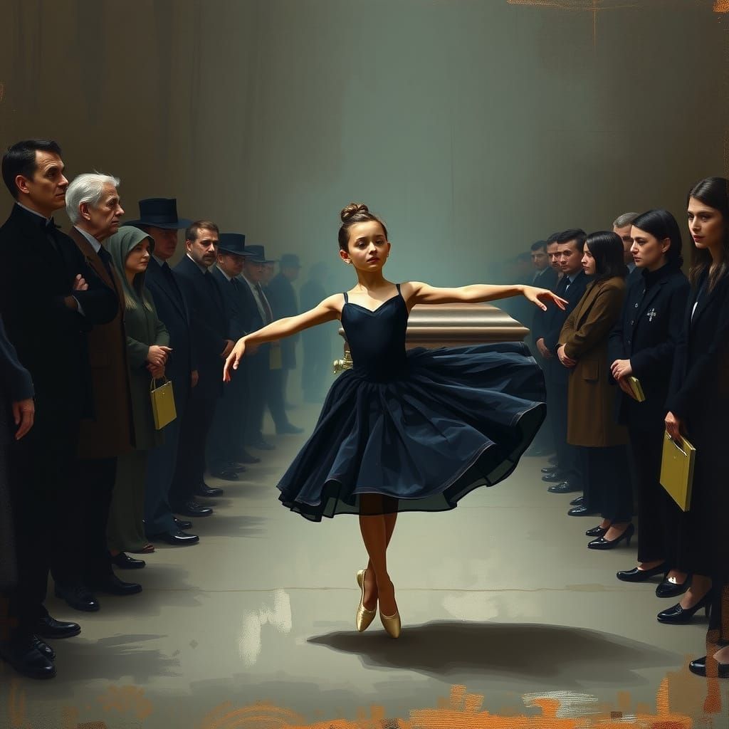 Ballerina Amidst Funeral Procession in Moody Art Style