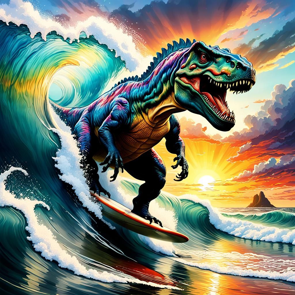 Surfing Tyrannosaurus Rex at Multicolored Sunrise