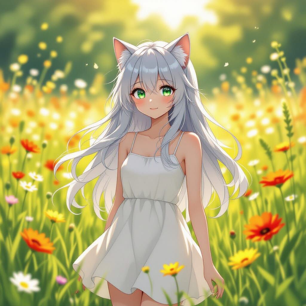 Cute Cat Girl in Sun-Drenched Meadow, Painterly Anime Style