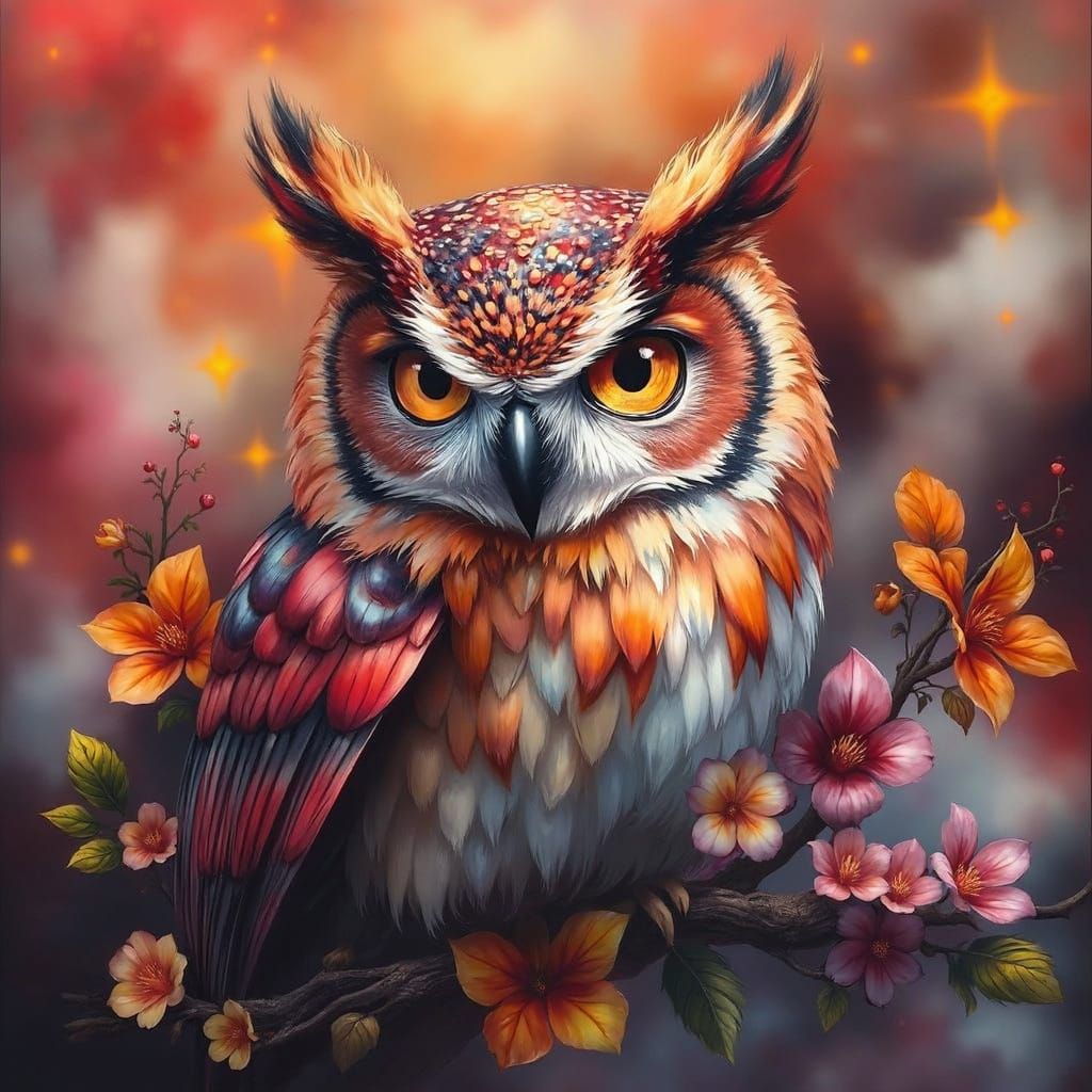 Vibrant Owl in Whimsical Fog