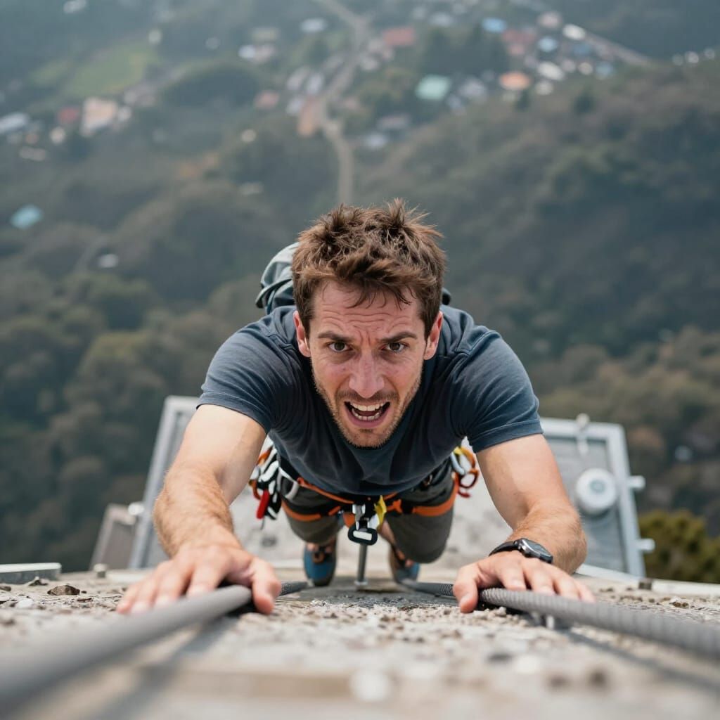 Aerial View From Tower Top: Man Climbs Upward