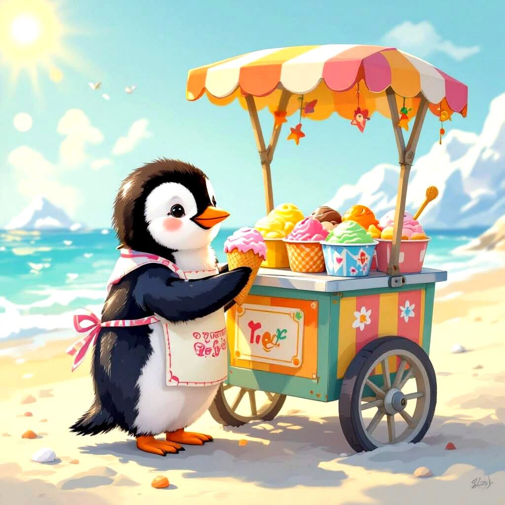 Cute Baby Penguin Sells Ice Cream