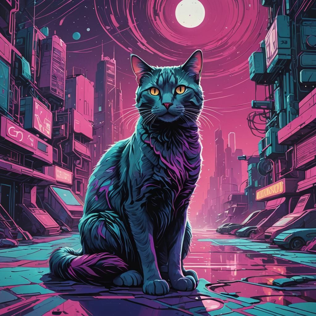 Whimsical Crayon Cat in a Futuristic Landscape