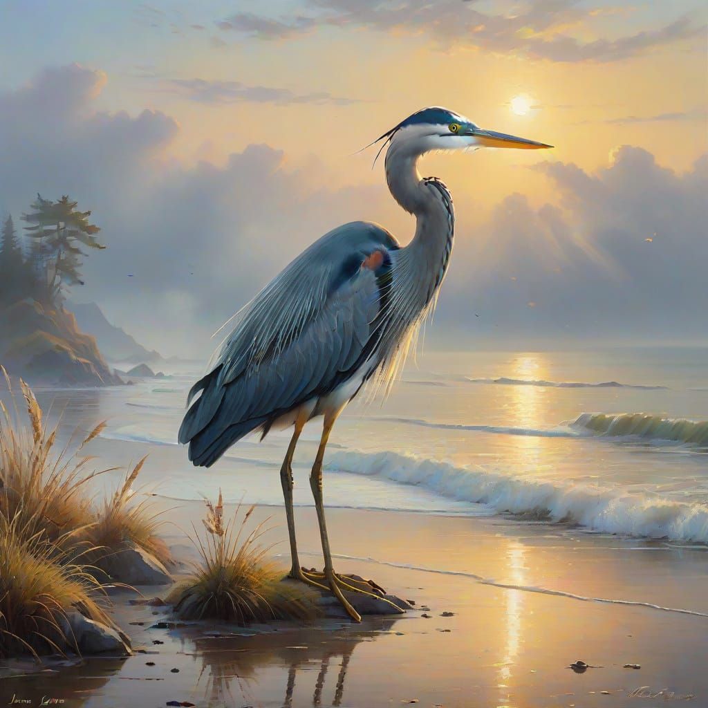 Heron in Stormy Ocean Landscape as Impressionist Painting