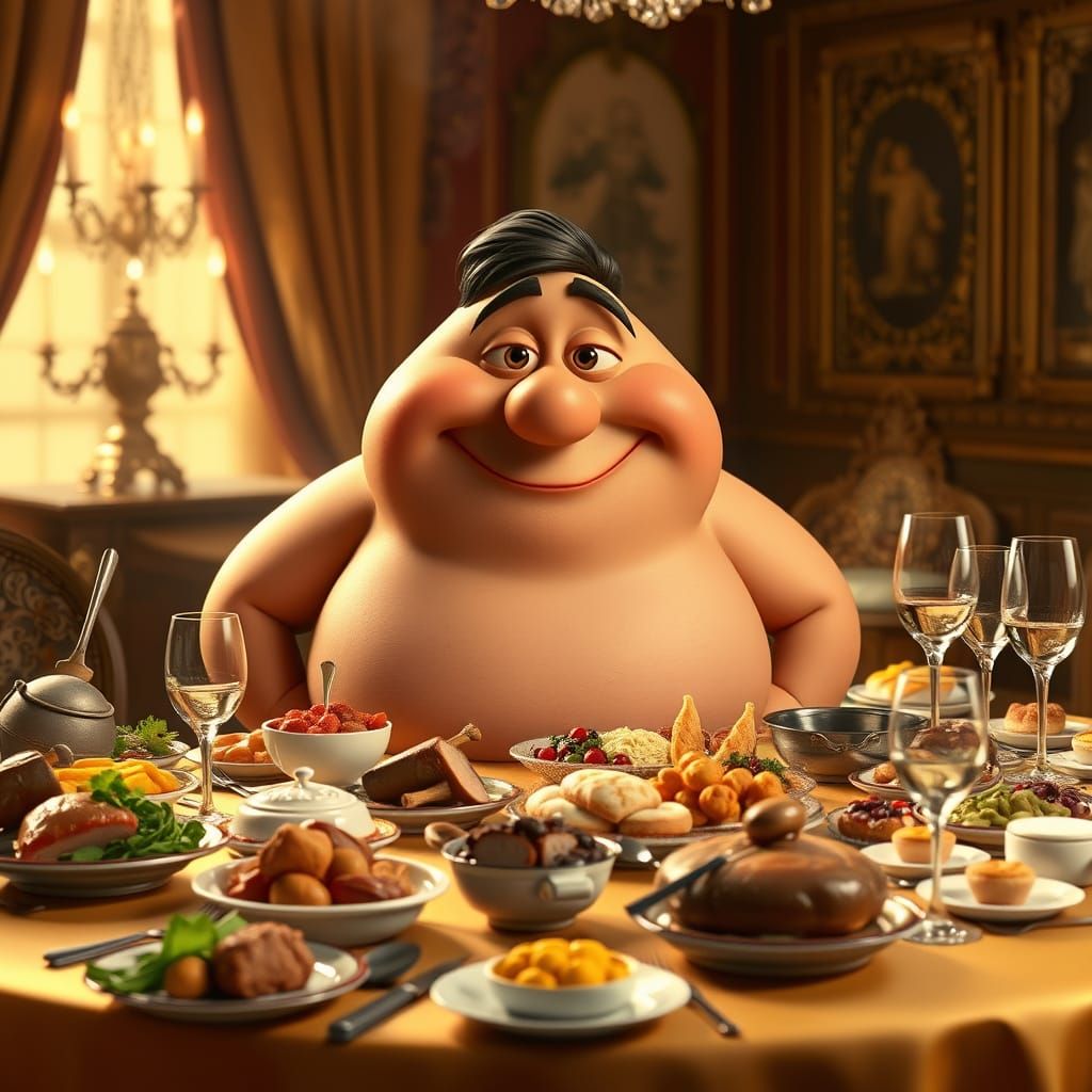 Pixar-Style CGI Character Devours Feast in Luxurious Setting