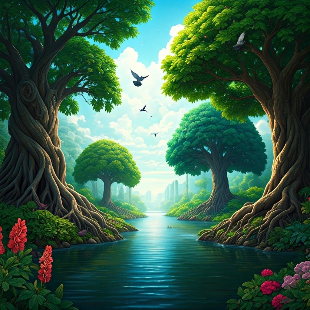 Lush Garden of Eden with Flowing Rivers