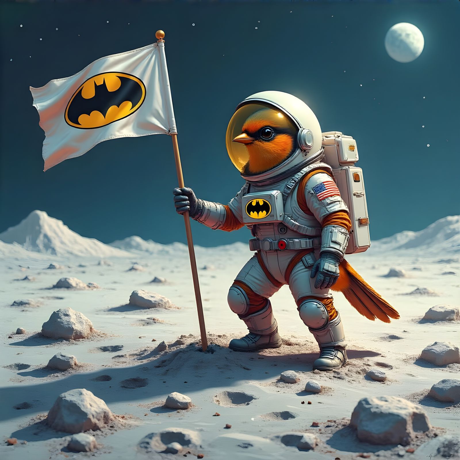 Proud Robin Astronaut on the Moon with Batman Flag