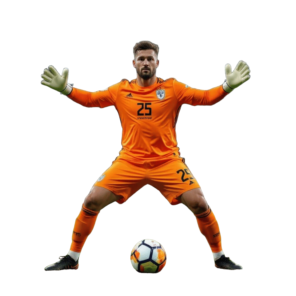 European Goalkeeper in Orange and Black Uniform Makes Save P...