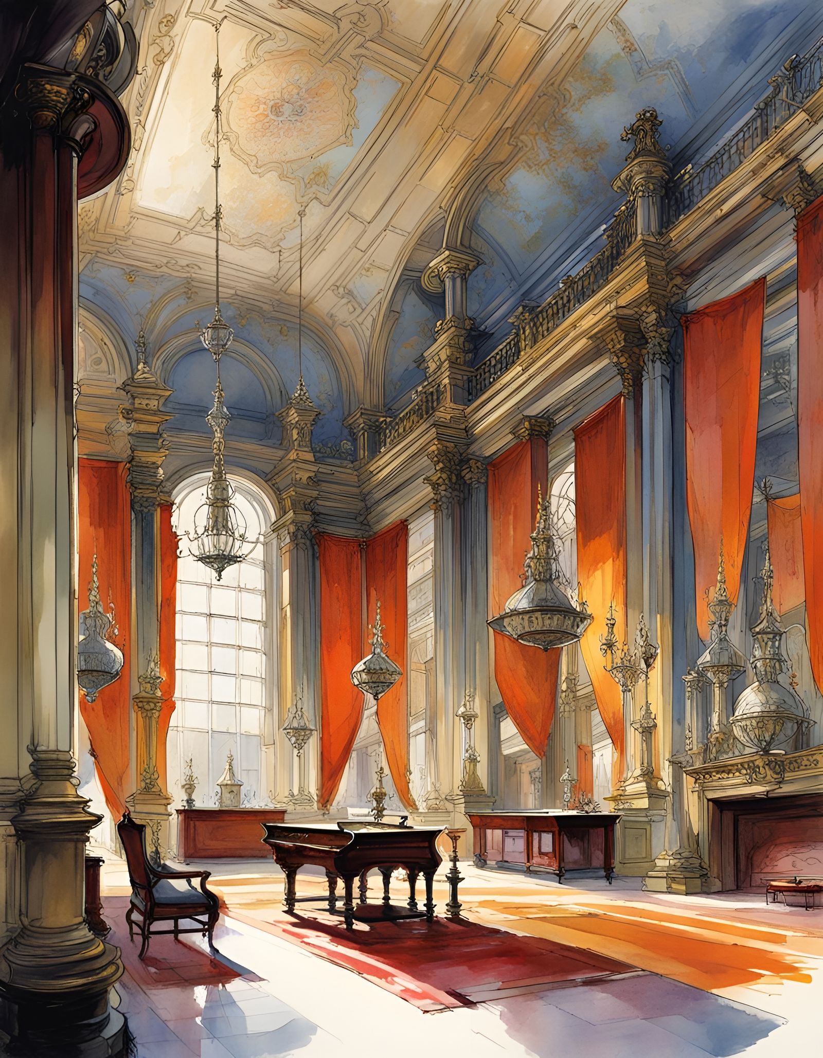 French Palace Great Hall: Watercolor Interior