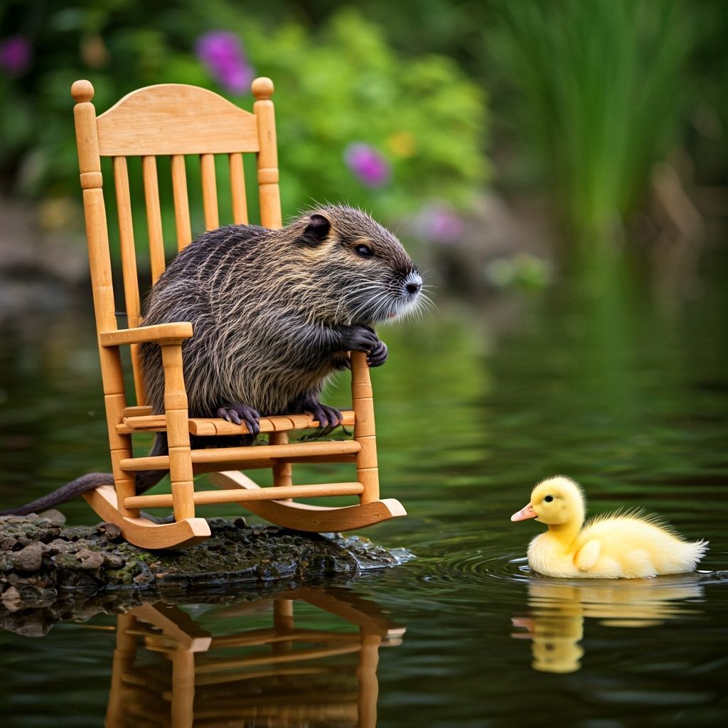 Adorable Nutria in Rocking Chair by Pond