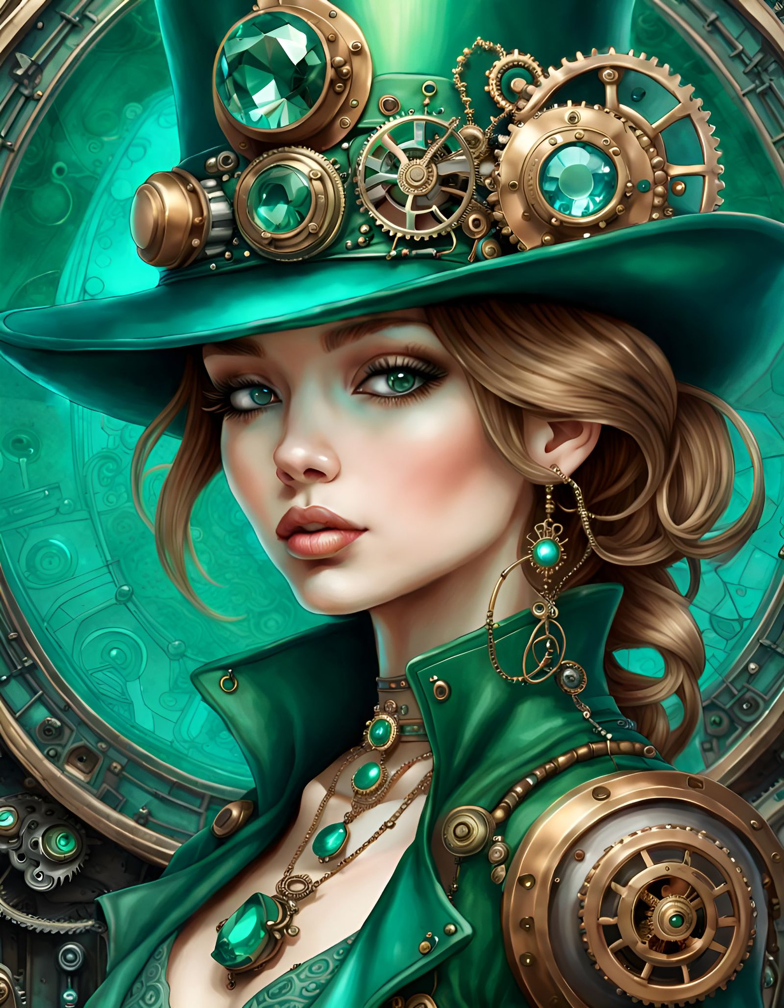 Greenpunk Woman in Hat: Cybermystic Steampunk Art