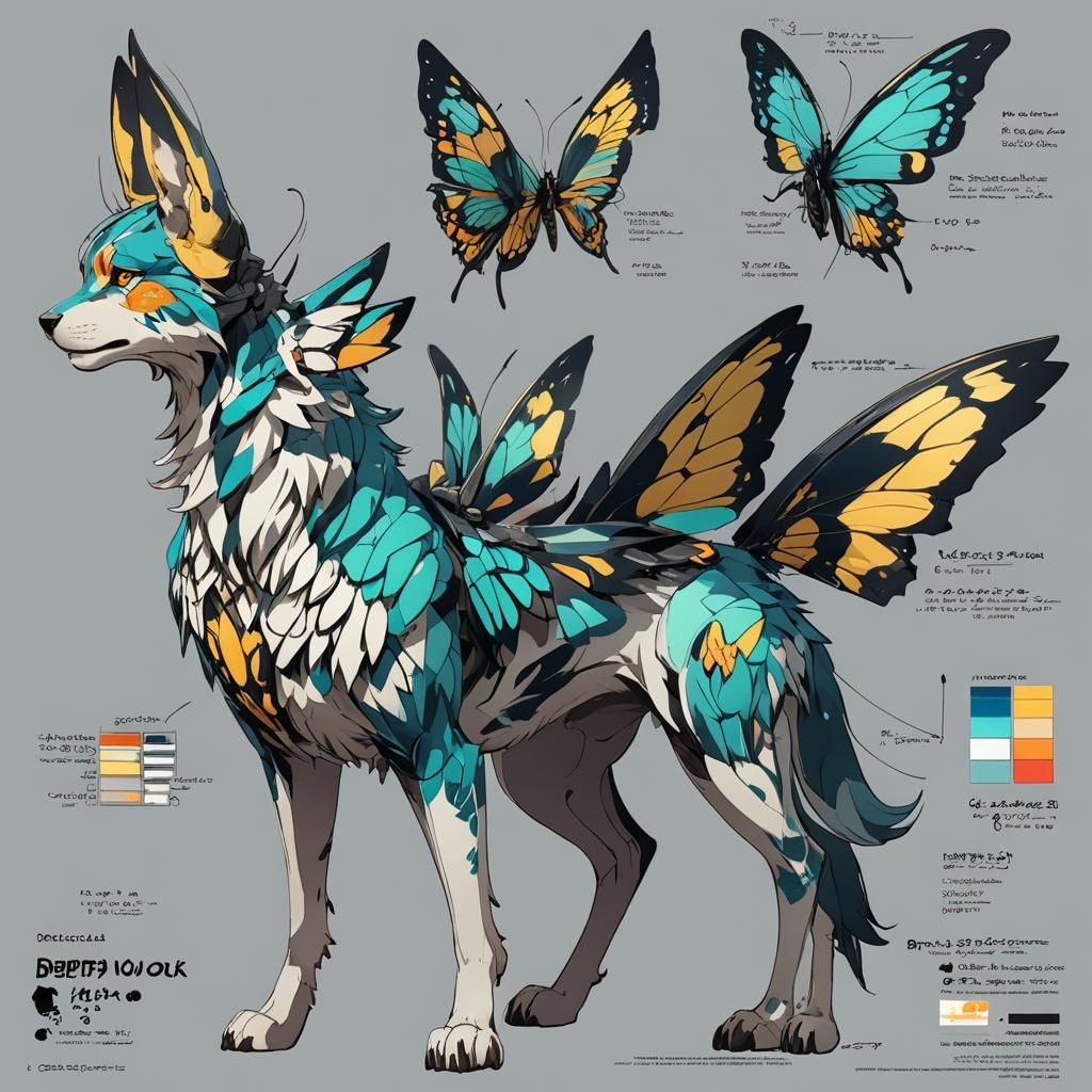 Butterfly Wolf Hybrid Character Reference Sheet in Anime Sty...