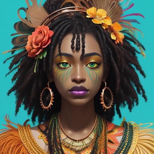 Abstract Expressionist Portrait of Woman with Peacock Feathe...