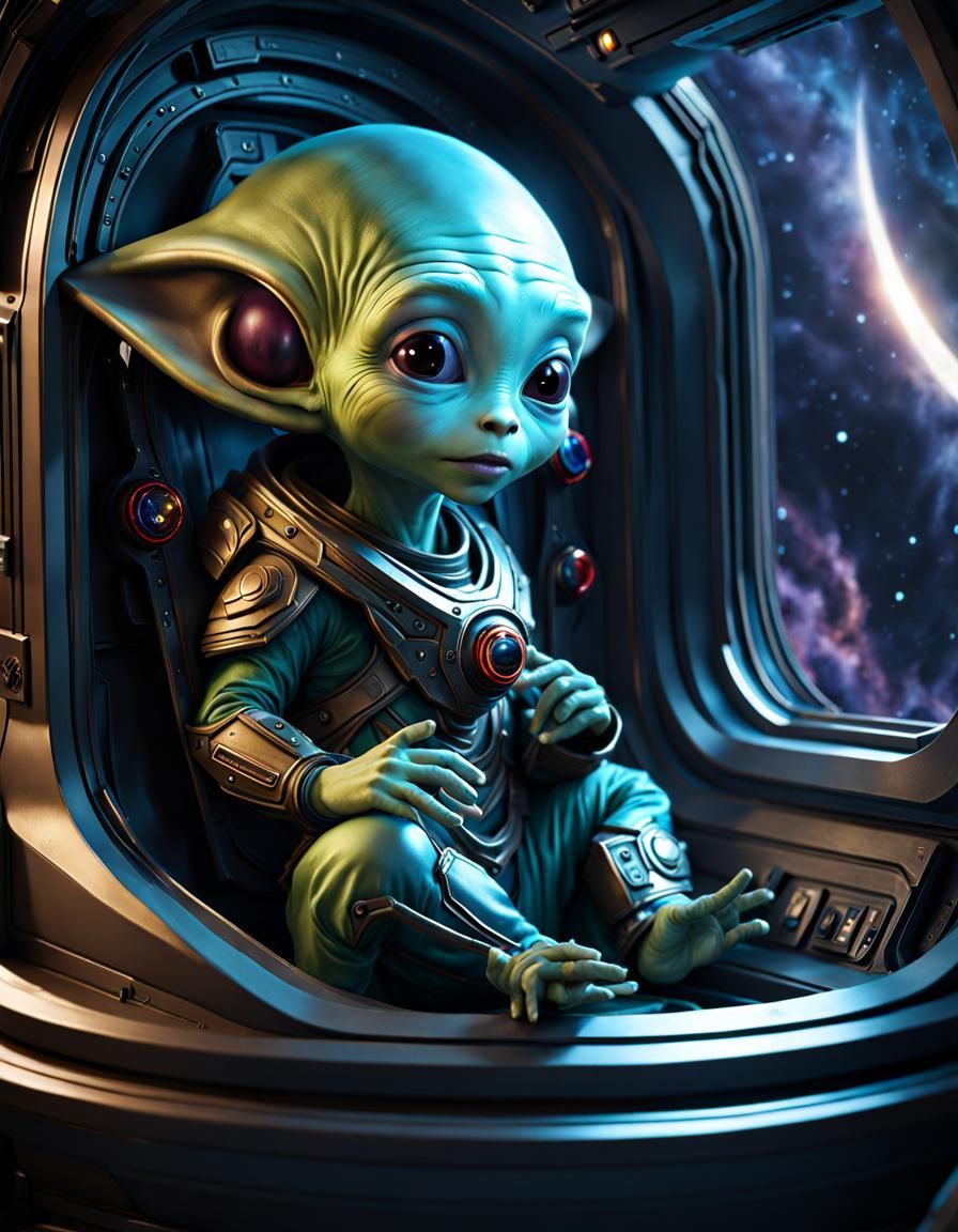 Baby Alien in Spaceship, Detailed Matte Painting